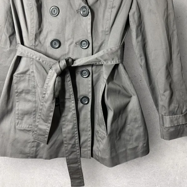 NEW Etam Trench Coat Womens US 12 Gray Double Breasted Belted‎ Stretch Jacket - Image 4