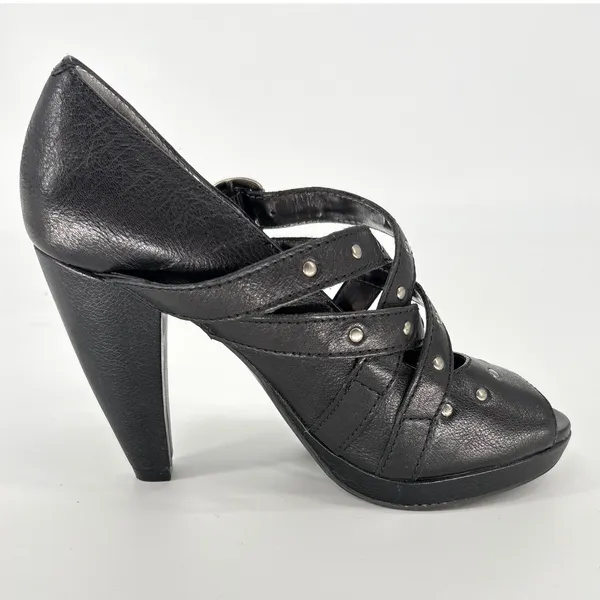 Gianni Bini Black Studded‎ Strappy Peep Toe Platform Heels Size 6.5 Goth Biker - Image 3