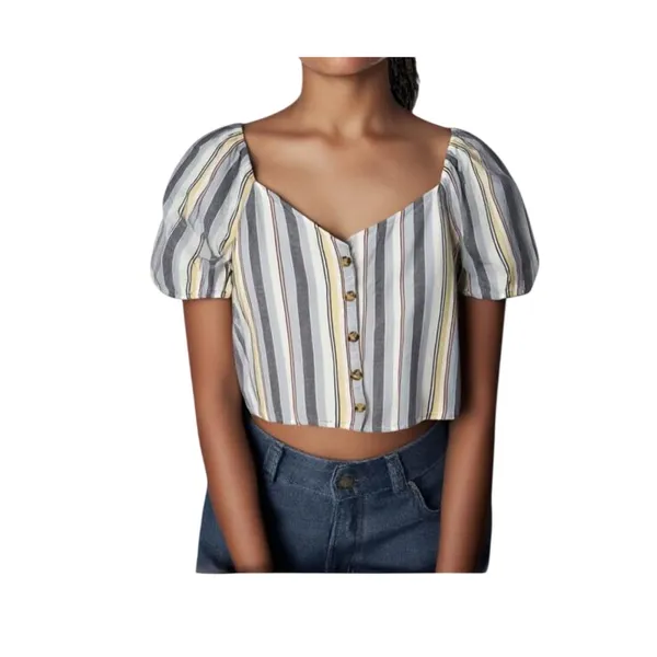 AF Abercrombie Fitch Top Womens Size XL Blue Yellow Linen Blend Short Sleeve - Image 3