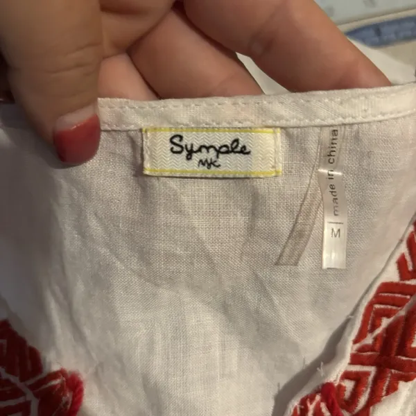 Symple NYC Women's White Red Embroidered Top Size Medium‎ Tassels Linen - Image 5