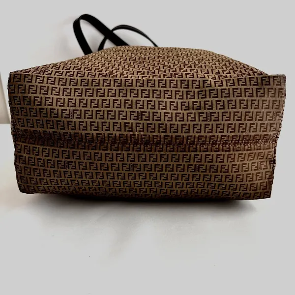 Authentic Fendi Zucca Monogram Tote Bag Brown Nylon Leather Zipper vintage - Image 7