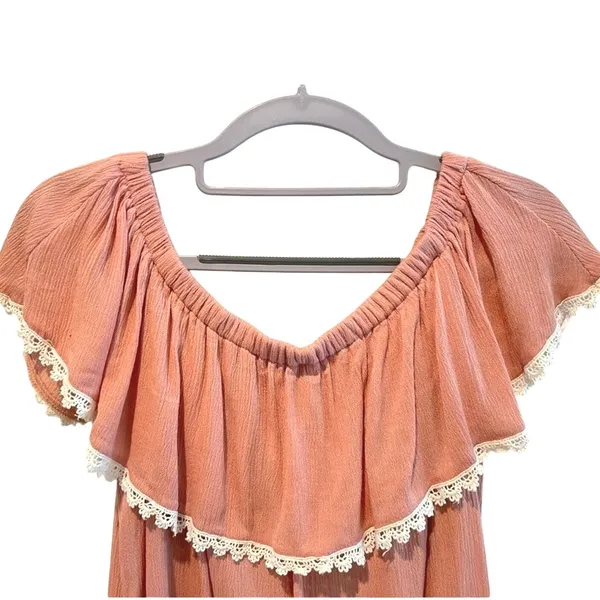 Papaya Watermelon Peach Top Boho Ruffle‎ Off Shoulder Lace Trim Womens S - Image 3