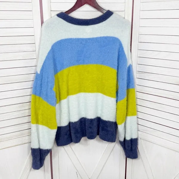Aerie Flurry Rugby Stripes Fuzzy Oversized Crew Neck Sweater Blue Green Medium‎ - Image 11