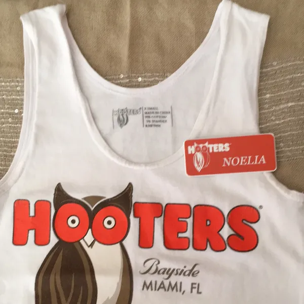 Hooters Girl Worn Sexy Tank & Shorts from Miami FL XSmall & “Noella” Name Tag - Image 3