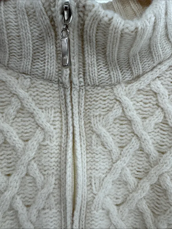 Aran Crafts Cream Cable-Texture Turtleneck zip up cropped cardigan 100% wool M - Image 7