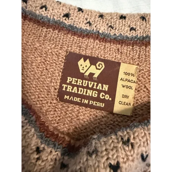 Peruvian Trading Co 100% Alpaca Wool Cowl Neck Sweater Tan‎ Geometric Boho Small - Image 2