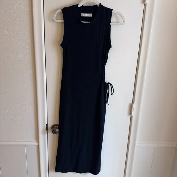 Womens Abercrombie & Fitch Black Ribbed Bodycon Side Cutout Midi Dress Size XS - Image 2