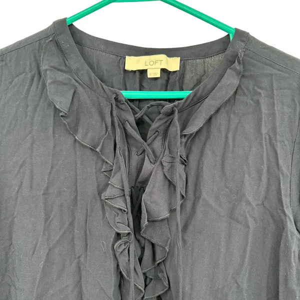 Loft size small long sleeve blouse dark blue ruffle and‎ lace up neckline - Image 3