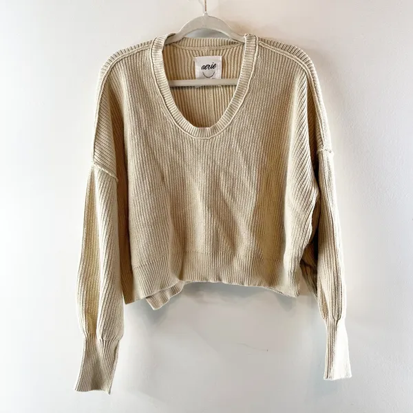 Aerie Beyond Ribbed Long Sleeve Cropped Scoopneck Sweater Tan Beige Medium - Image 2