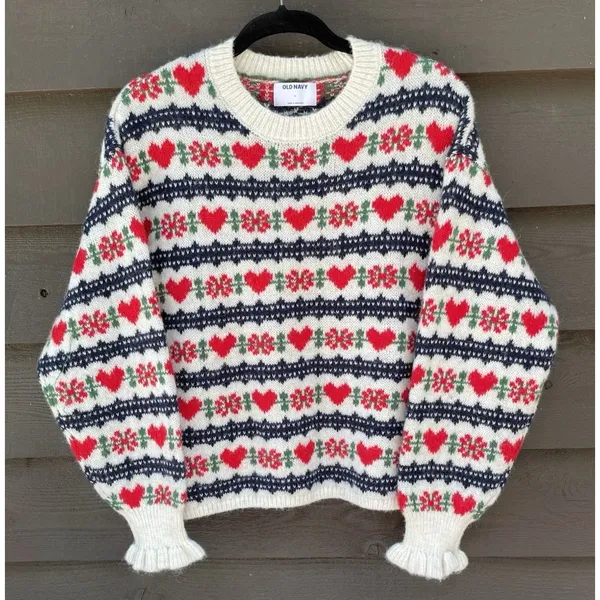 Loose Crew-Neck Wool-Blend Cropped Sweater Old Navy Large hearts Oversized - Image 3