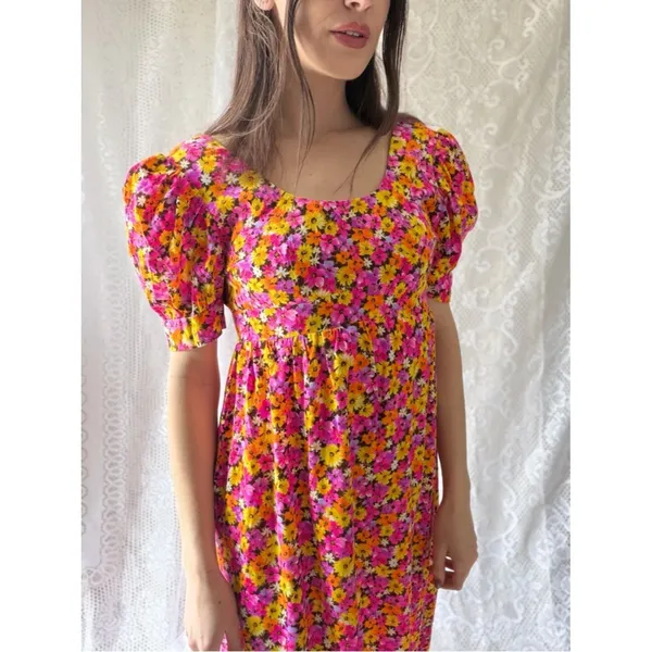 Vintage 70s Handmade Floral Puff Sleeve Maxi Dress Empire Waist Cottagecore - Image 2