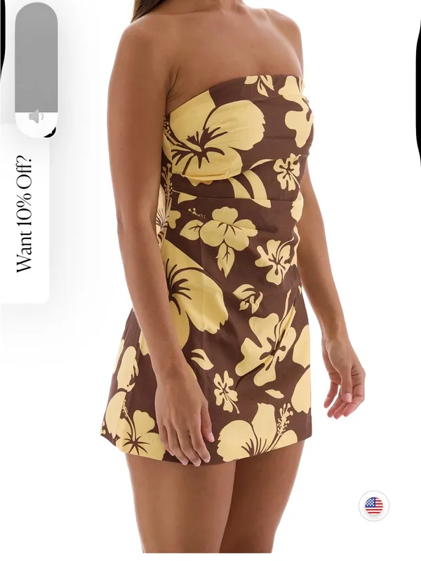 The Siesta Club Strapless Floral Summer mini Dress in Brown and Yellow - Image 4