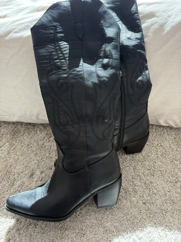 Amazon Black Pointed Toe Knee High Cowboy Boots - Image 6