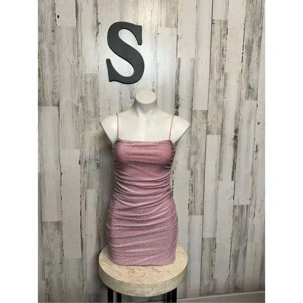 Pink Glitter Ruched Bodycon Mini Dress Spaghetti Strap Party Club Size S - Image 6