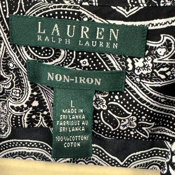 Lauren Ralph Lauren Black White Paisley Non-Iron Cotton Button Down Shirt Large - Image 8