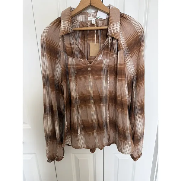 Blu Pepper Pullover Collared Top Faux Button Front Brown Plaid Size S - Image 2