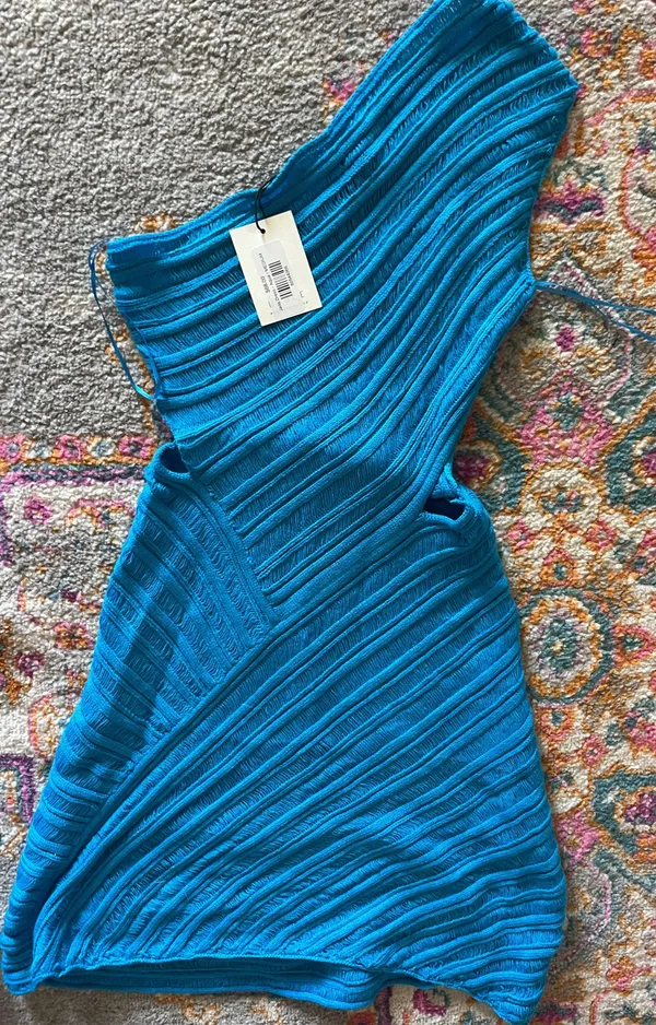 one Shoulder Knit Mini Dress Blue Size M - Image 3