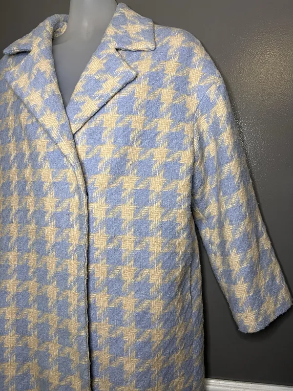 Baloot Coat Womens Small Blue Houndstooth Tweed 3/4 Sleeve Button Front Lined - Image 6