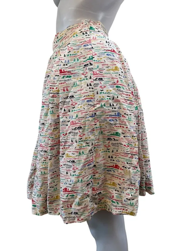 Orla Kiely Silk Sailboat Print Pleated Midi Skirt Nautical Marine Whimsical - Image 4