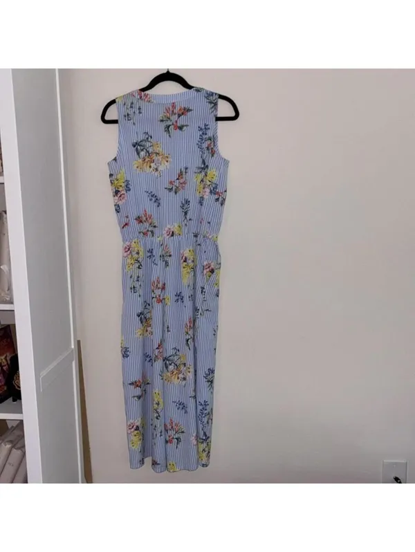 Spense Floral Blue and White Striped Jumpsuit Belt Loops and Pockets Vacation - Image 7