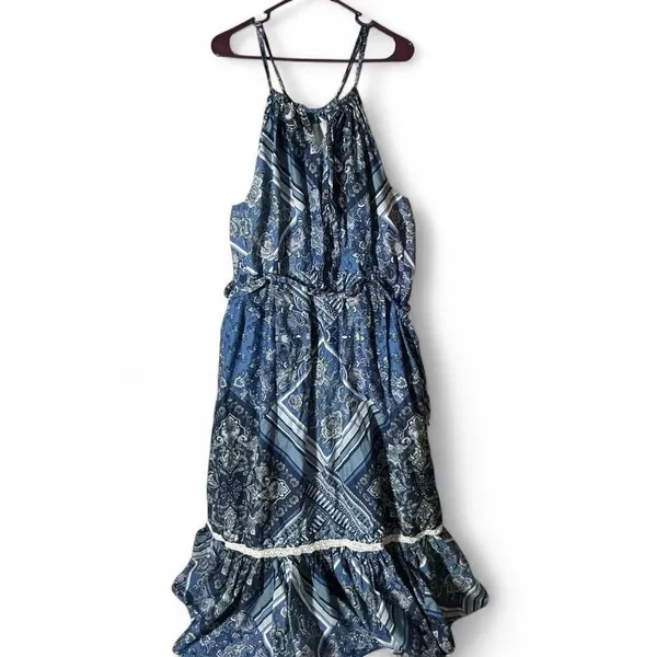 Blue Paisley Cotton Maxi Dress Halter Neck Tiered‎ Boho Sun Dress Women Large - Image 2