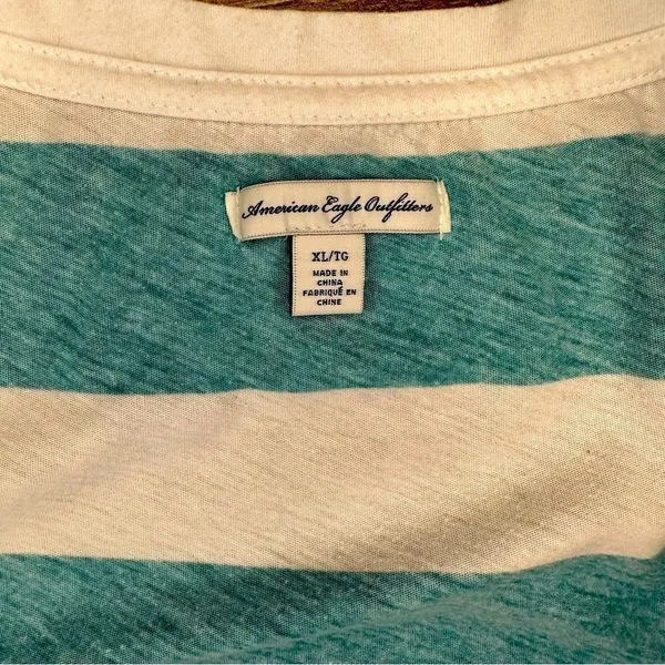 American Eagle Green and White Stripped V-Neck T-Shirt - Image 6