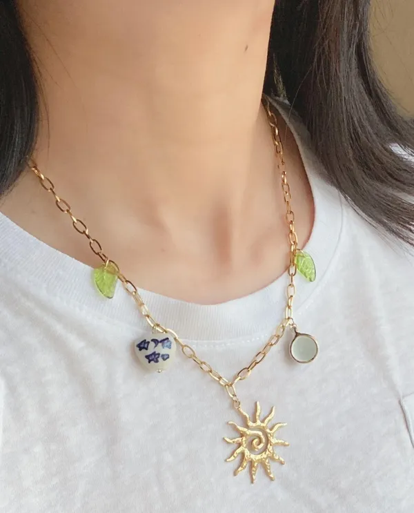 Handmade vintage cottage retro boho fairy funky style quality material mix gold stainless steel necklace🌞🌿 - Image 3