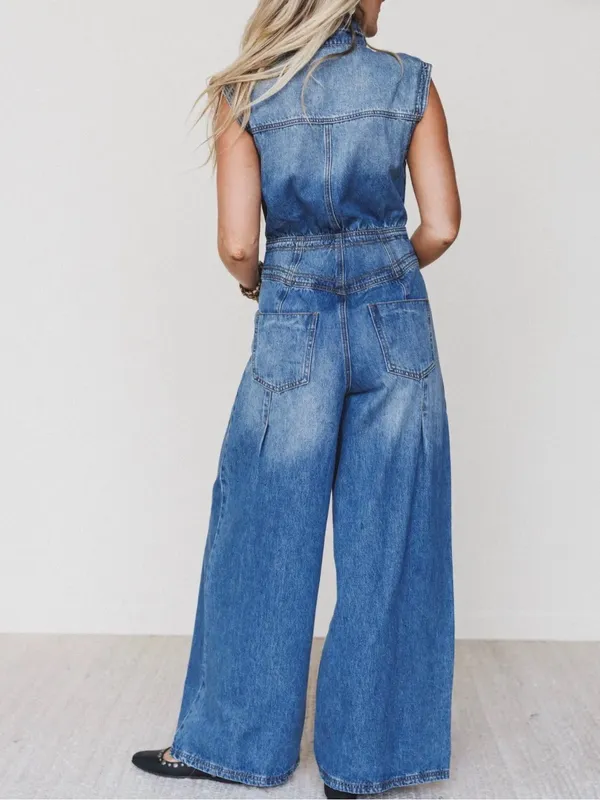 Wide-Leg Denim Jumpsuit Jeans - Blue - Image 2
