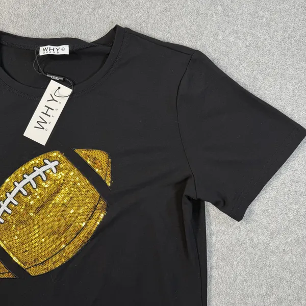 WHY DRESS Women's Large Black Sequin Football T-Shirt Crew Neck Short Sleeve Top - Image 2