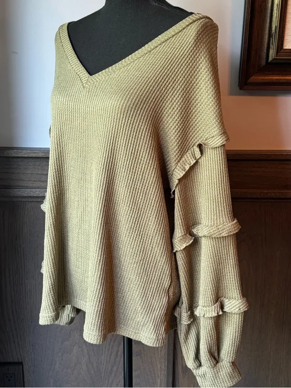 BTFBM Ruffled Sleeve V-Neck Knit Top — Olive large - Image 6