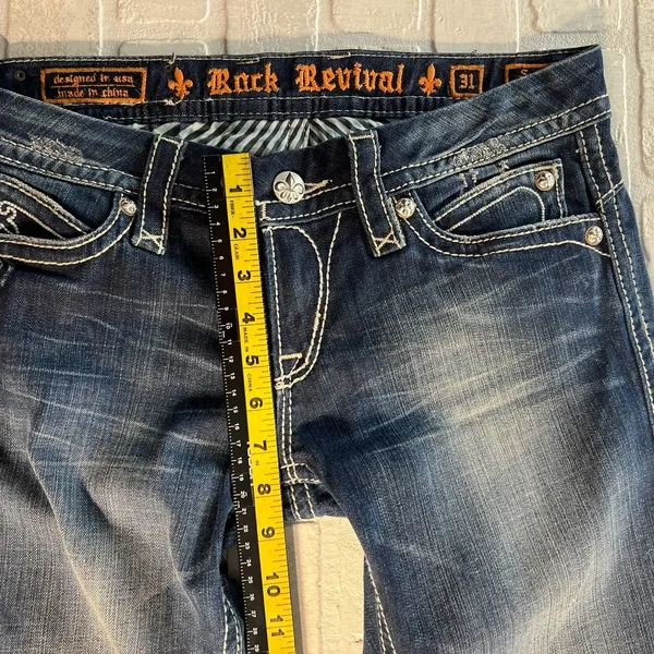 Y2K Rock Revival Sasha‎ Boot Jeans Womens 31 Dark Wash Denim Flap Rhinestones - Image 13
