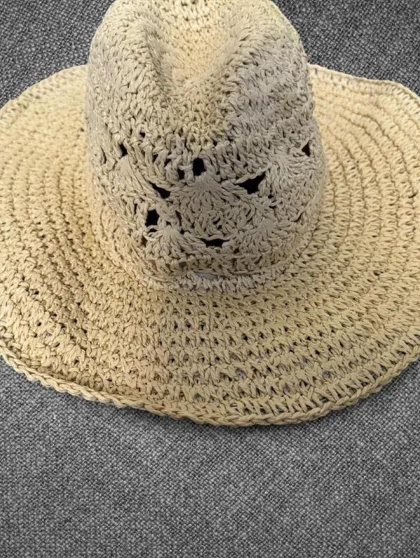 Women’s Beige Crochet Paper Straw Wide Brim Sun Hat - Image 3