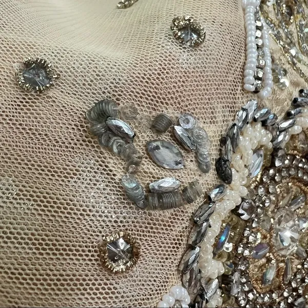 Handmade India Beaded Mesh Tunic Dress Champagne Gold Silver Embellished L/XL *Runs Small - Image 9