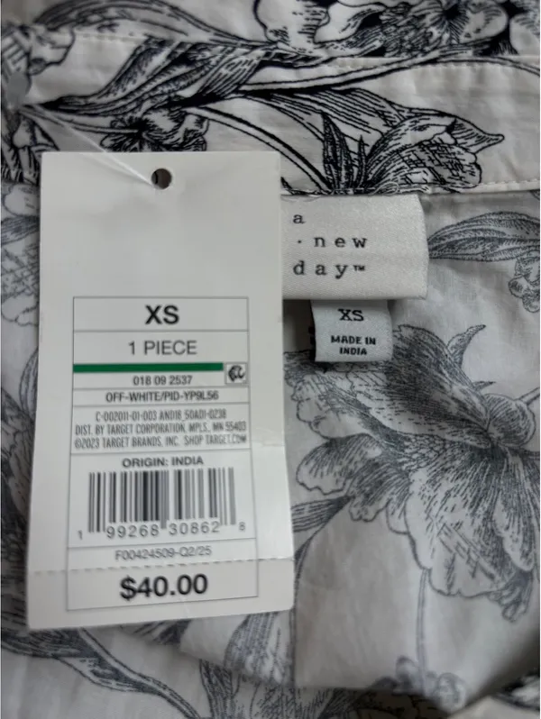 A New Day Women's XS Floral Print Shirt Dress with Belt - Off-White and Black - Image 5