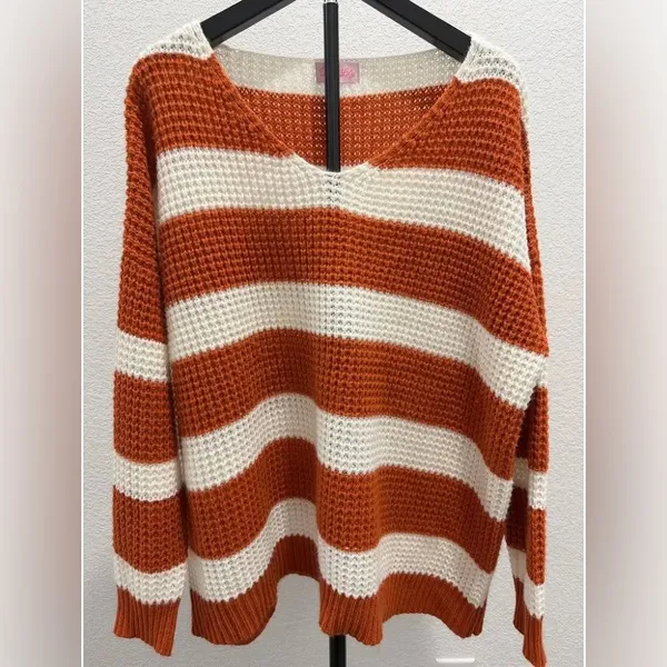 NIP Pink Lily Orange Cream Striped Sweater Size XL V Neck Oversized Cozy Knit - Image 2
