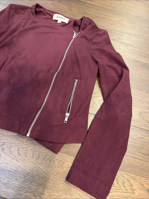 BB Dakota Faux Suede Moto Jacket Burgundy Wine Braided Size Small - C61-122 - Image 5