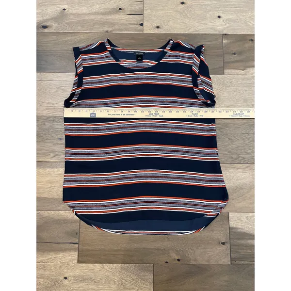 Ann Taylor Blouse Size L Navy Orange Stripe Scoop Neck Cap Sleeve Lightweight - Image 5