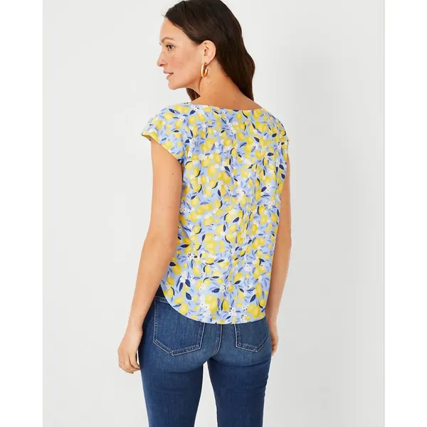 Ann Taylor Women Linen Top Small Blue Yellow Lemon Fruit Blouson‎ Gasset Resort - Image 2