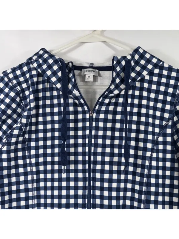 J.Crew Navy White Gingham Full Zip Hoodie Women’s Medium - Image 2