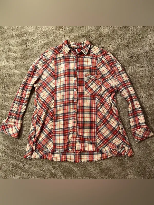 Free People Red Plaid Button-Up Shirt Cotton Gauze crinkle - Image 7