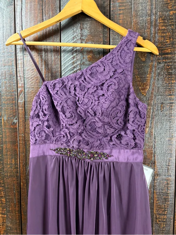 Adrianna Papell One-Shoulder Purple Lace & Mesh Mini Party Dress 6 - Image 9