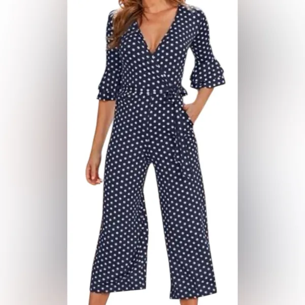 Venus Wide Leg Belted Jumpsuit Sz L Navy White Polka Dot Wrap Bust SS Cropped - Image 2