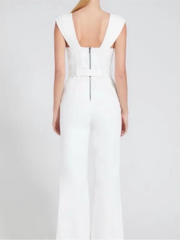 Alice + Olivia Jeans Denim Vintage Sugar White Flare SLV Jumpsuit $485 XS 24 - Image 11