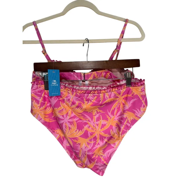 CUPSHE Pink Orange Palm Leaf Ruffle Bikini‎ Swimsuit Set Size L - Image 7
