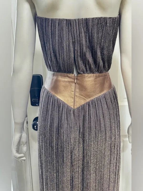 Dress the Population TUBE Metallic Brown Pleated Maxi Dress Wide Belt Sz M C-27 - Image 5