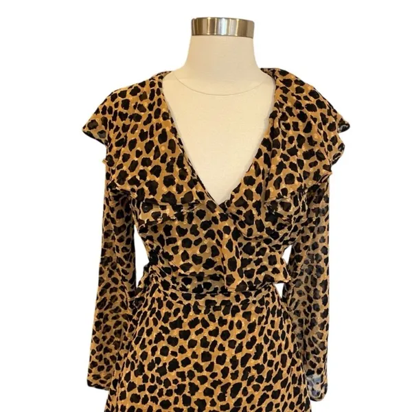 Free People Frenchie Leopard Print Georgette Mini Wrap Dress Boho Ruffle XS - Image 6