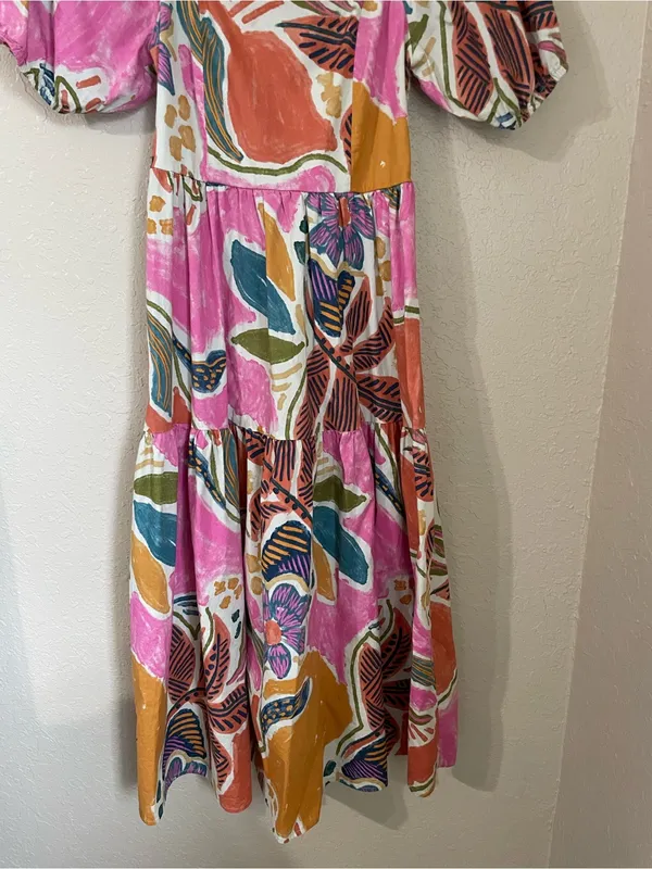 Vibrant Tropical Abstract Print Puff Sleeve Tiered Dress Square Neck Size XS - Image 7