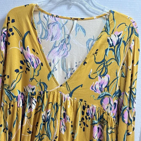 Free People Bella Floral Babydoll Blouse Large Yellow Boho Bell Sleeve Festival - Image 2