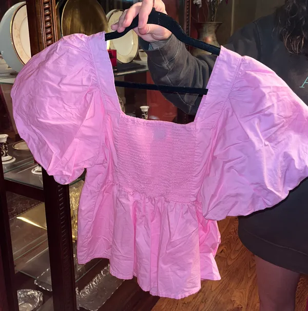 Old Navy Pink Puff Sleeve Ruched Smocked Babydoll Swing Top - Image 6