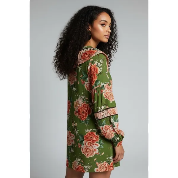 FARM Rio Anthropologie Elinor Tunic Dress Green‎ & Pink Floral Ruffle Size M - Image 2